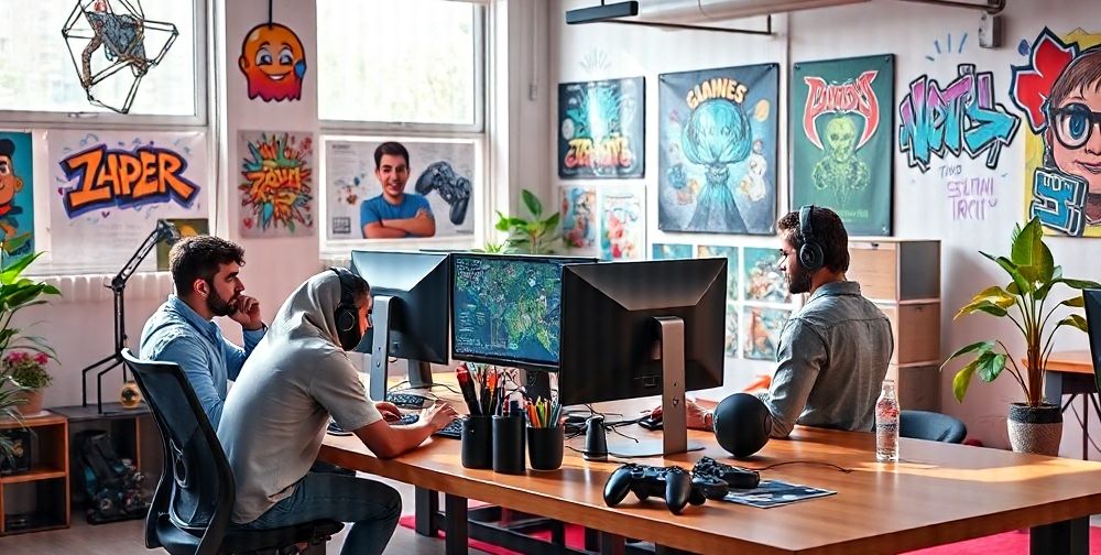 A vibrant scene of young Iranian game developers working together in a modern office space, bright colors, creative atmosphere, high-tech equipment