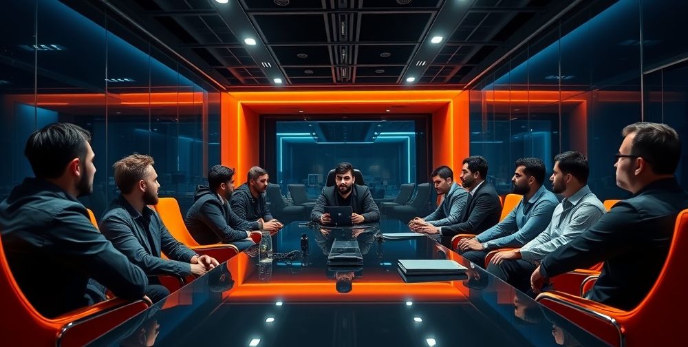 A conference room with Iranian game developers discussing strategies, dark blue and orange color scheme, serious mood, modern office setting