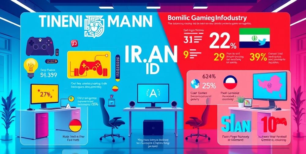 A responsive infographic design for Iran's gaming industry, with vibrant colors, engaging icons, and modern layout, set in a sleek digital workspace