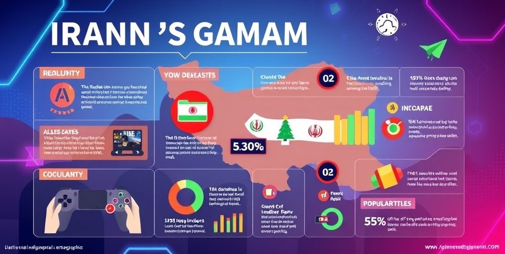 A well-structured infographic for Iran's gaming industry with vibrant colors, clean layout, and engaging icons, set on a digital illustration background
