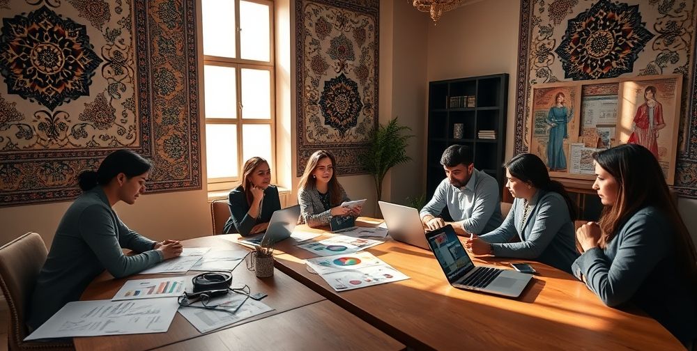 A designer workspace with Persian textile patterns, sketches for fashion infographics, laptops displaying visual data, and a brainstorming team of Iranian marketers.