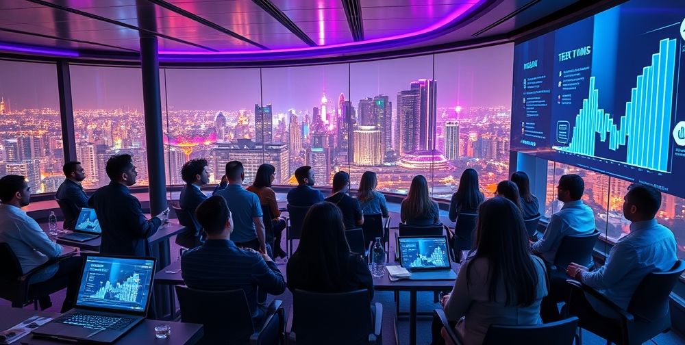A futuristic cyber-themed conference in Tehran, both men and women engaged in a startup pitch, large screens showing data analytics, with a panoramic city view indicating Iran’s tech-forward investment future.