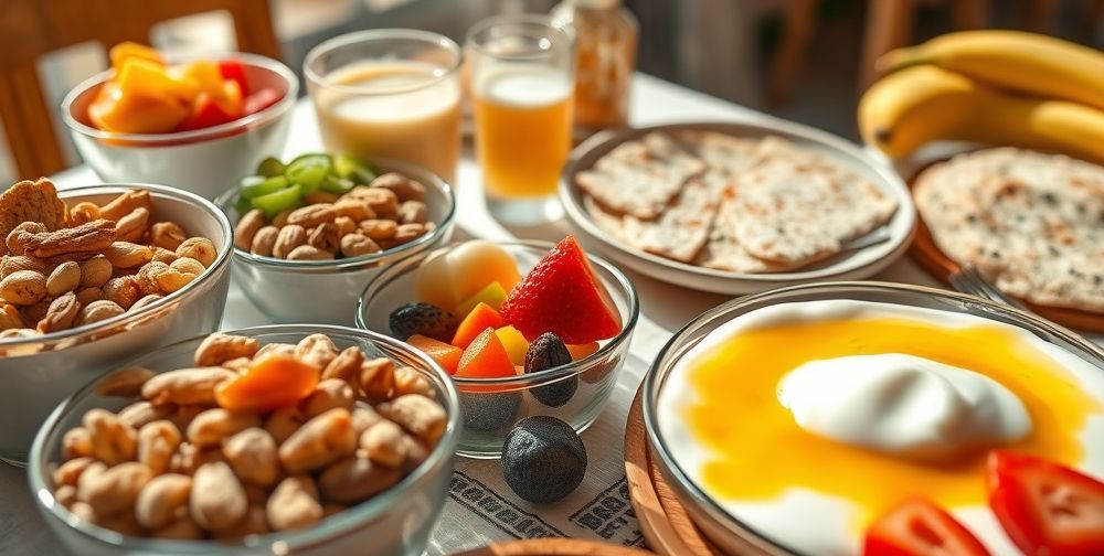 A close-up of a vibrant Iranian-style breakfast table. Bowls of mixed nuts, colorful fresh fruits, traditional flatbread, a glass of doogh, and a healthy yogurt dish with a touch of honey. Sunlight streaming in, inviting a joyful meal.