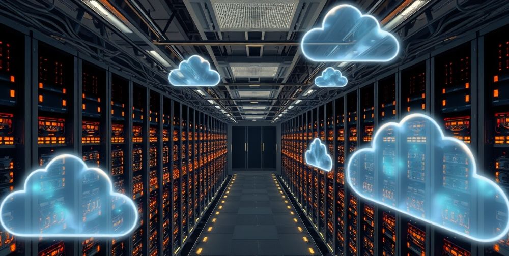 A birds-eye detailed view of a modern data center with rows of blinking servers, network cabling, and cloud icons overlayed to suggest connectivity and abstraction. The environment is clean, futuristic, and globally relevant.