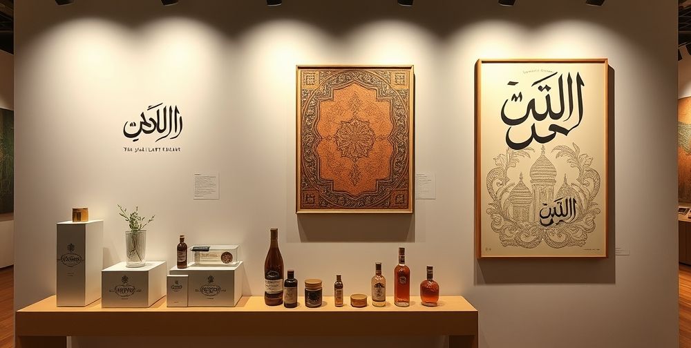 An award-winning Iranian branding project on display: elegant Persian-inspired minimalist packaging, contemporary logotypes with Farsi calligraphy, and digital posters utilizing VR and AI-driven design, set in an art gallery.