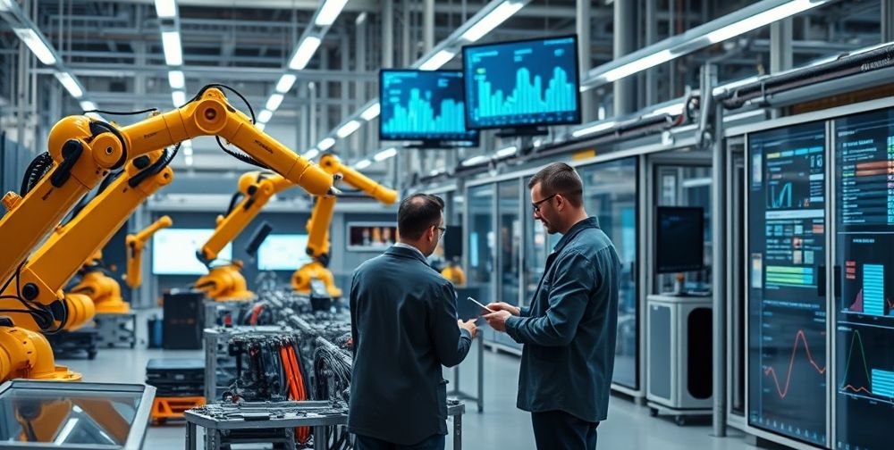 A modern industrial factory with robotic arms assembling products, AI-powered control panels, digital screens displaying real-time analytics, and engineers collaborating while monitoring smart systems. The atmosphere suggests precision, efficiency, and innovation.