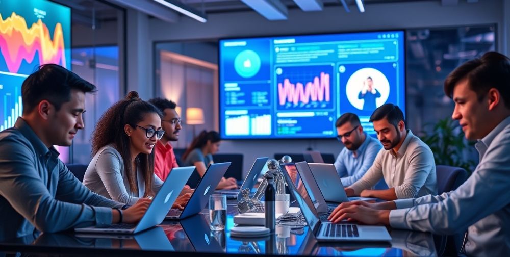 A dynamic modern office environment, with diverse teams collaborating on laptops using cloud-based smart business platforms, data dashboards glowing on wall screens, and an AI-powered chatbot assisting a manager. The scene radiates creativity, efficiency, and a high-tech vibe.