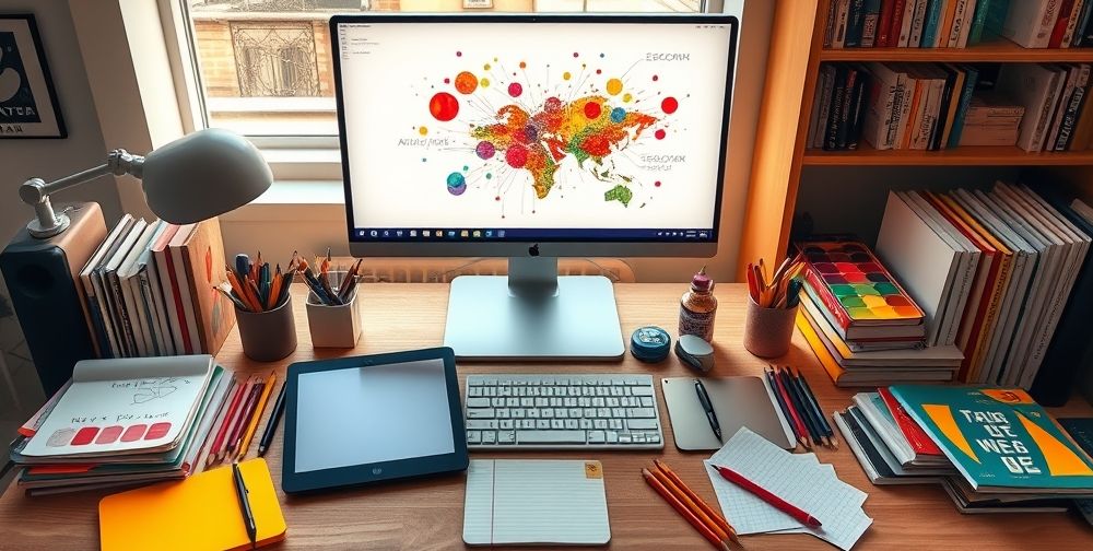 A bright creative workspace with notebooks, tablets, and a computer screen displaying an advanced vector illustration project, surrounded by color swatches, pencils, and Iranian textbooks on design principles.