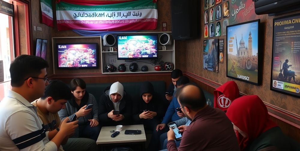 A vibrant scene in a cozy Iranian gaming cafe, players of different ages gathered around mobile screens, provincial banners overhead, and infographic posters on the wall.