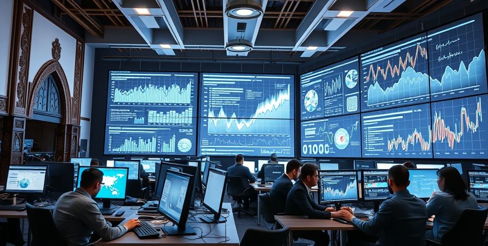 A busy Iranian tech innovation center, with engineers working at computers analyzing big data, futuristic graphs on digital screens, and collaborative brainstorm sessions in Persian. Modern and traditional motifs blend in the interior design.