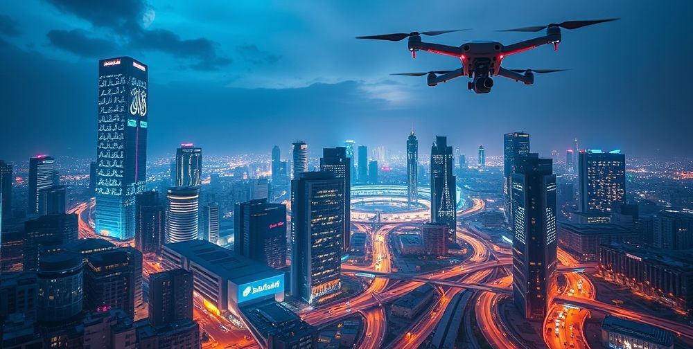 A futuristic Iranian smart city at night, with glowing interconnected digital grids, Persian script holograms on buildings, startup offices working late, and drones monitoring traffic below.