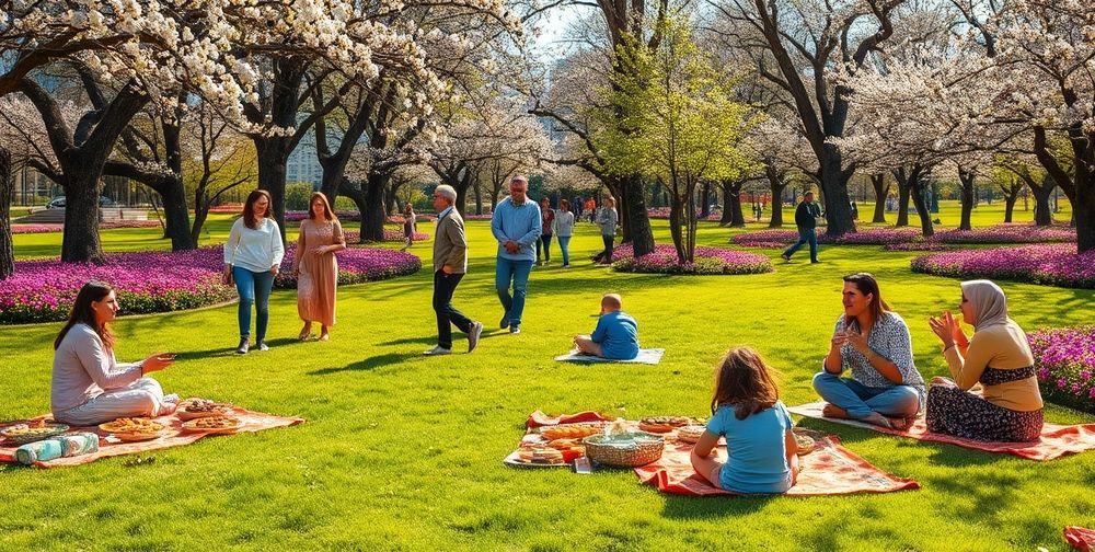 A vibrant outdoor park in spring, several families and friends gather, children playing, adults talking and laughing, picnic blankets spread, traditional Persian food and colorful flowers all around, atmosphere is lively and harmonious.