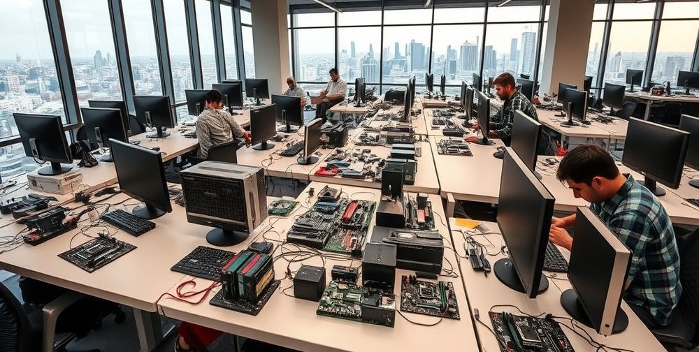 A modern office in Tehran filled with people assembling and testing computer hardware components, including motherboards, RAM modules, and monitors on large white tables. The city skyline can be seen through large windows, giving the feel of innovation set in Iran.