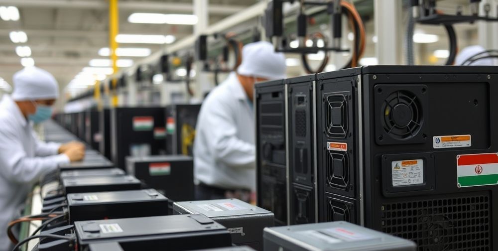 A close-up of Iranian-made computer hardware, such as locally-branded cases and power supplies, on a production line. Workers in clean uniforms perform quality control checks, and Persian product labels are visible, emphasizing domestic innovation.