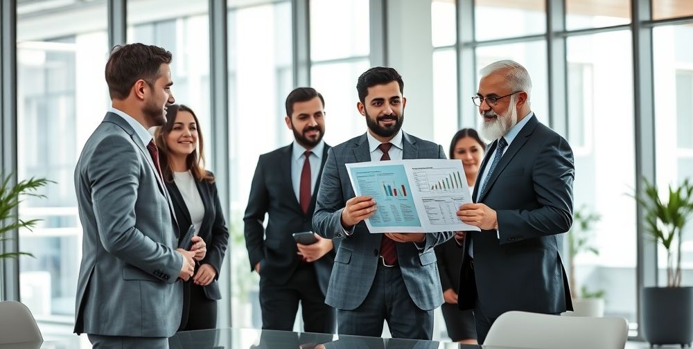 An Iranian modern office space, people in formal suits engaging in a positive meeting, one person confidently presenting a report on a laptop, showing constructive teamwork, bright daylight through large windows, conveying a sense of professionalism and collaboration.