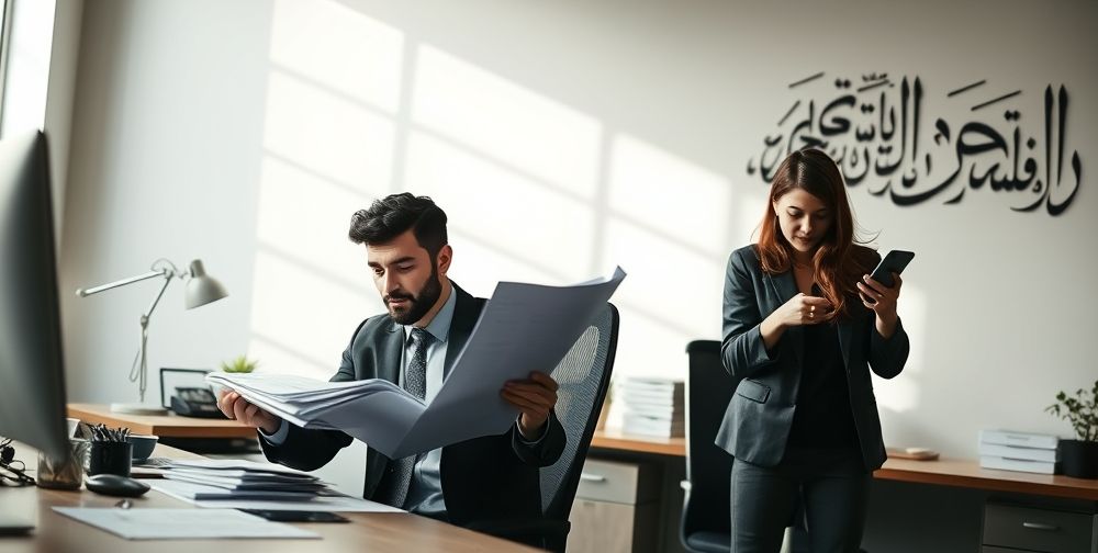 A dynamic workplace scene featuring two contrasting employees: one working diligently, organizing documents with attention, while another distracted, glancing at their phone. Natural office lighting, subtle Persian calligraphy on a wall, symbolic of cultural values.