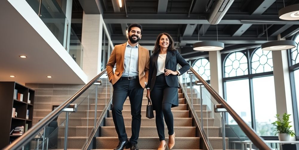 A symbolic image illustrating career advancement: a Persian man and woman of different backgrounds, both smiling confidently, standing on ascending steps in a contemporary office with Persian architectural elements. Feelings of optimism and achievement.