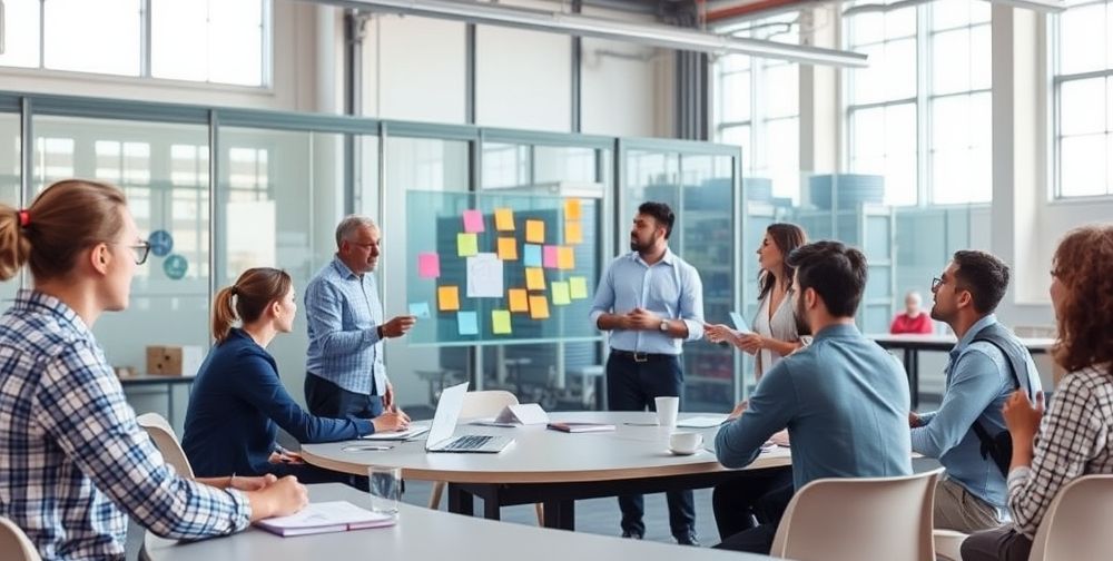 A modern industrial training room with professionals from diverse backgrounds working together, sharing innovative ideas with sticky notes on glass boards, all under bright natural lighting.
