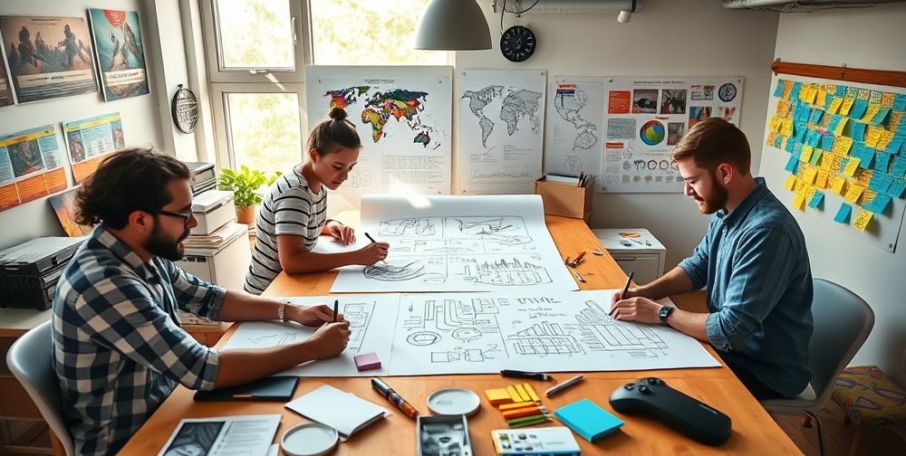 A brightly lit workspace with designers sketching infographic drafts on large paper sheets, surrounded by game concept art, color palettes, and sticky notes, capturing the collaborative process of infographic design in the gaming industry.