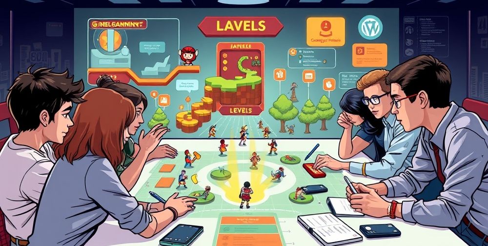 A detailed digital illustration of a dynamic gaming infographic, showcasing levels, characters, and bright icons, with diverse young people analyzing and discussing its elements at a conference table.