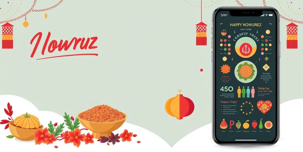 A dynamic social media feed with beautifully designed Persian infographics, including motifs from Persian miniatures, iconic foods like saffron rice, and symbols of Nowruz, presented on mobile and desktop screens worldwide.