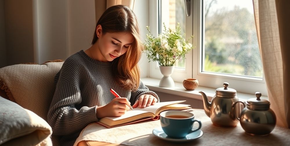 A peaceful morning scene in a cozy Persian home, with a young person writing in a gratitude journal by a sunlit window, a steaming cup of herbal tea nearby, soft colors and calming atmosphere highlighting daily self-care routines.