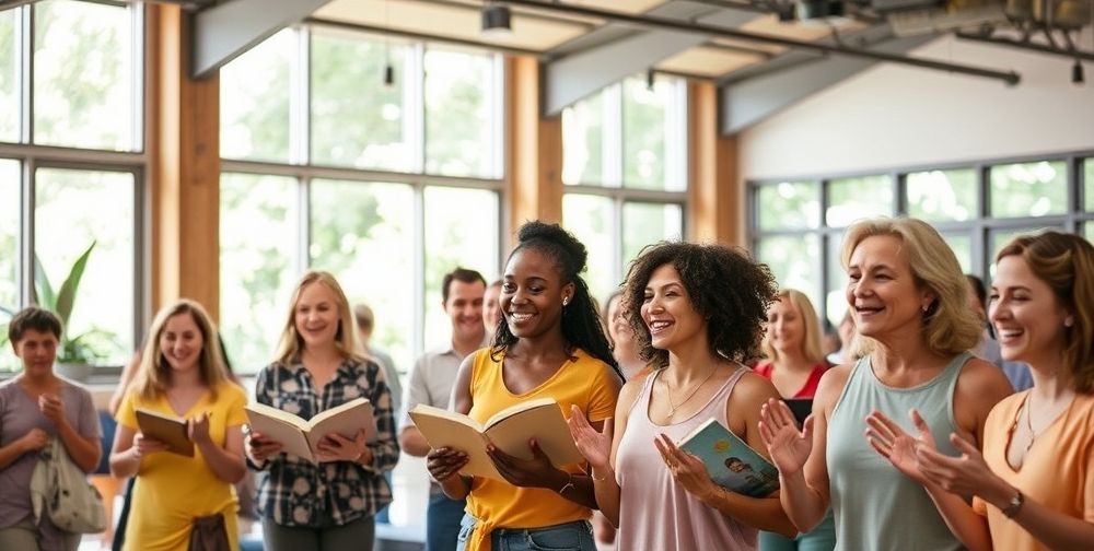 A lively community center with diverse people participating in group activities—like a book club or flow yoga class—vibrant indoor setting, natural light pouring through large windows, uplifting energy and smiles emphasizing social connection.