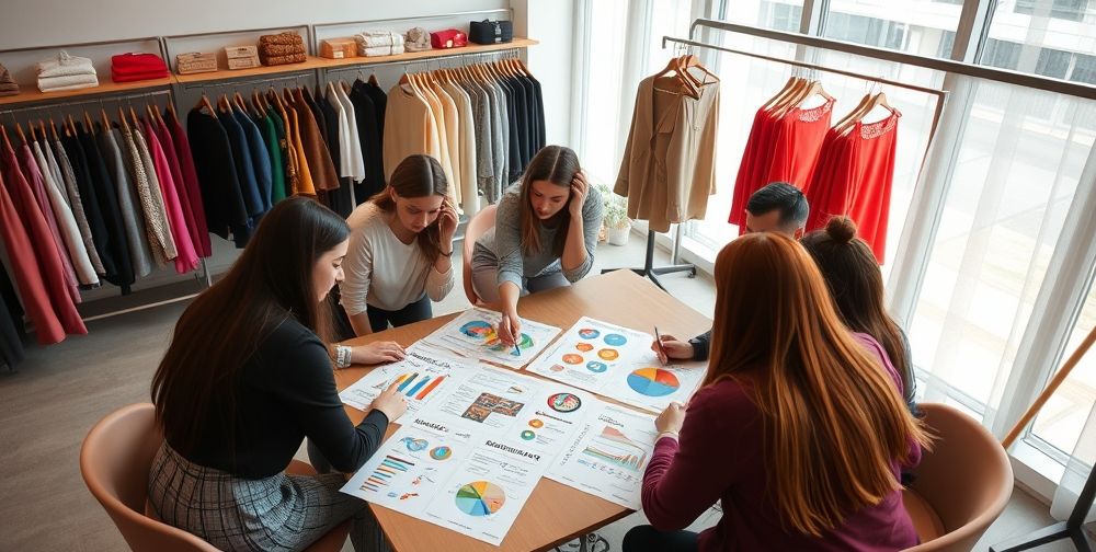 A stylish modern Iranian fashion studio, with designers brainstorming around colorful printouts of infographics about new clothing collections, fashion trends, and seasonal styles.