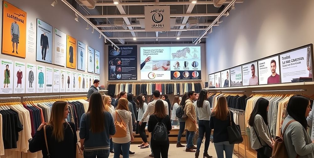 A spacious Iranian clothing boutique with posters and digital screens displaying vivid infographics about sustainable fashion, material origins, and garment care, surrounded by trendy young shoppers.