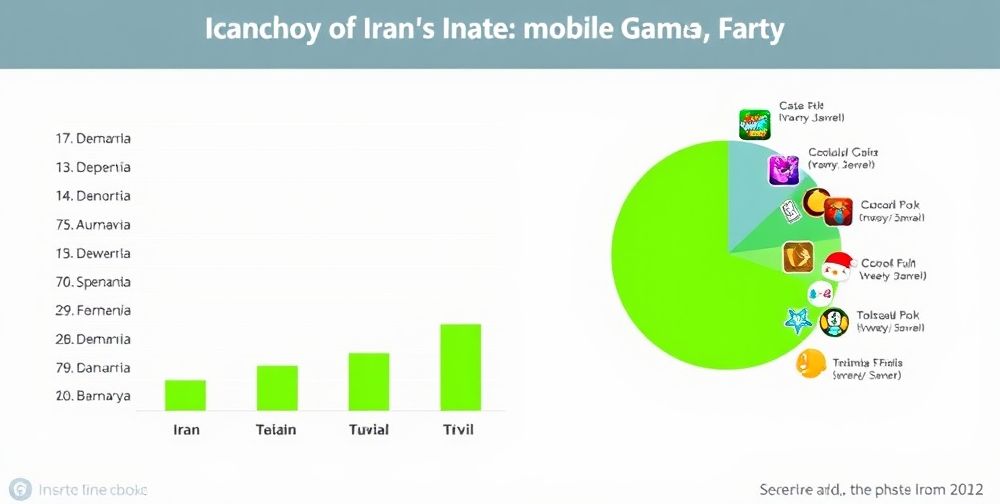 An infographic chart in Farsi showing a breakdown of Iran’s mobile game genres by popularity, with the casual games slice highlighted in bright green and decorated with icons representing popular Iranian puzzle and trivia titles.
