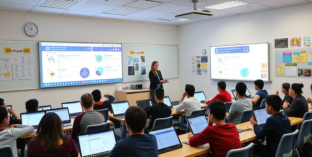 A modern classroom filled with Persian-speaking students using laptops and tablets, interactive smartboards displaying coding exercises, and a teacher guiding them. The room has colorful educational posters and a collaborative atmosphere that highlights modern technology education.