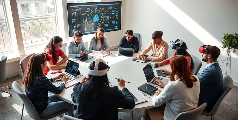 Diverse group of young Iranians collaborating at a circular table covered with digital devices, VR headsets, and notebooks. Large monitor illustrating cybersecurity concepts, sunlight streaming into a tech-inspired innovation hub.