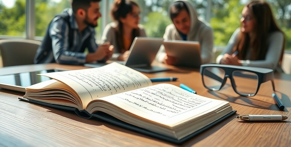 A close-up of an open Persian-language textbook on technology education next to tablets, AR glasses, and pens, on a wooden table in natural daylight. In the background, students are engaged in a lively project discussion.