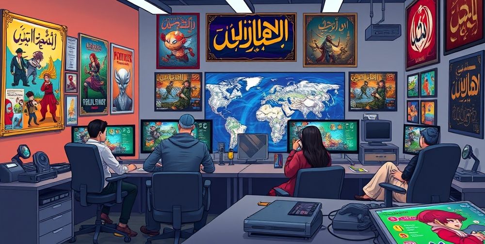 A vivid and detailed illustration of a modern Iranian game studio where a diverse team of men and women work together on digital art boards, discussing vibrant game graphics, surrounded by gaming posters and Persian calligraphy emblazoned on walls.