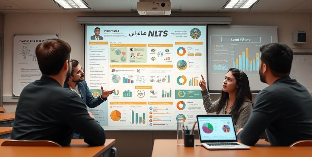 A sharply rendered infographic poster being analyzed by Iranian game developers and students in a classroom, featuring interactive charts, game characters inspired by Persian mythology, and digital data visualization tools prominently displayed on a projector.