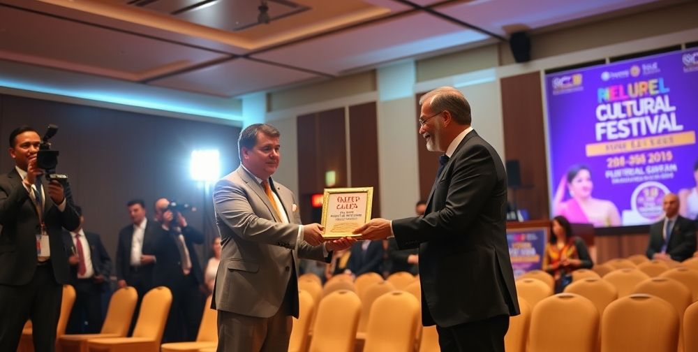 A well-lit formal hall with elegantly dressed men and women, a presenter handing a decorated plaque to a visibly moved awardee, flashes from cameras, and banners in the background highlighting a cultural festival.