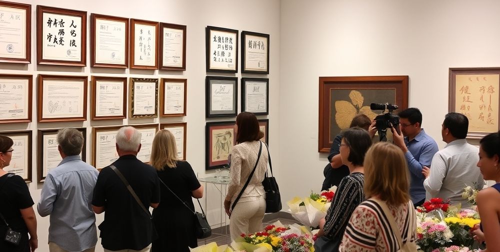 An art gallery with people admiring framed certificates on a wall, intricate calligraphy and gold-embossed plaques, artists posing for photos beside bouquets and media coverage.