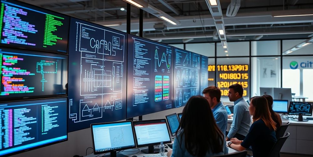 A modern tech workspace featuring multiple displays with lines of computer code, AI algorithm diagrams on a glass board, and a group of diverse engineers collaborating around digital devices. Lighting is bright, evoking innovation and focus.