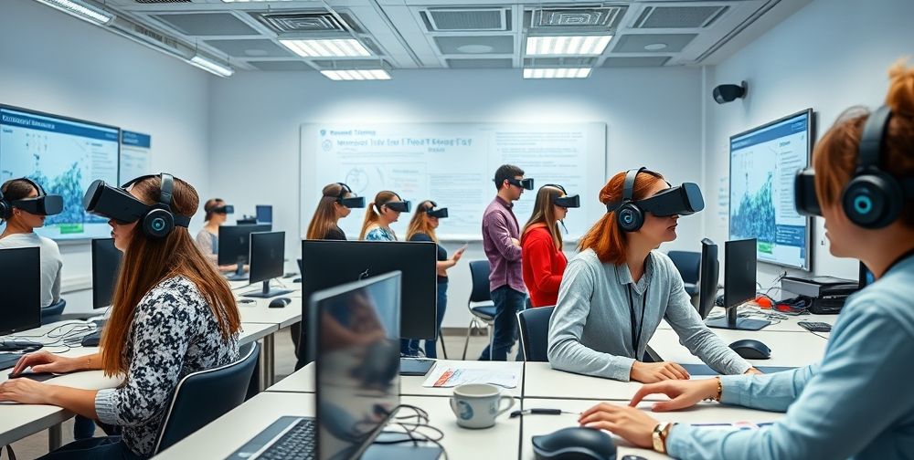 An advanced university lab with students using VR headsets, digital simulators, and interactive whiteboards, highlighting integration of computing technology in education and healthcare, with vibrant academic atmosphere.