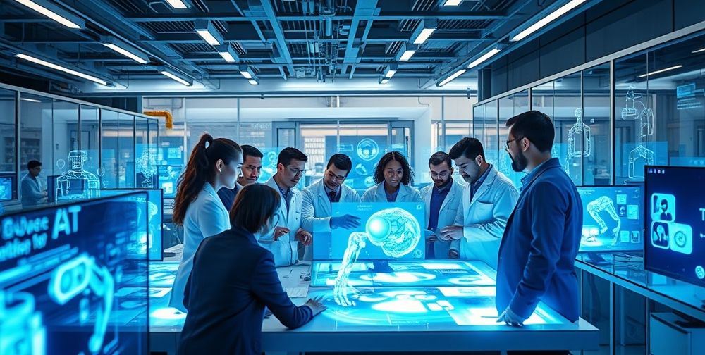 A high-tech laboratory setting showing a diverse team of engineers and scientists collaborating over interactive screens, with holograms of future AI and robotics innovations filling the room.