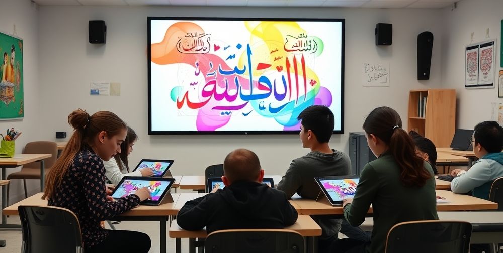 A modern Iranian classroom where students are using digital tablets and graphic design software; girls and boys collaborate on creative projects, large screen displays colorful digital artwork, Persian calligraphy elements in the background.