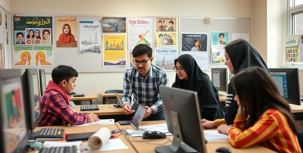 A teacher in an Iranian school is guiding a small group of students, both boys and girls, in a brightly lit computer lab. Monitors show colorful graphic design projects: posters, digital portraits, Persian typography, and user interface layouts.