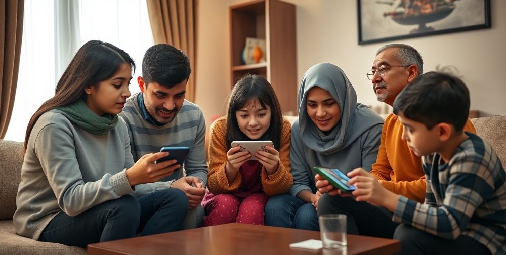 A contemporary scene of Iranian families and young gamers gathered around smartphones, comparing mobile game infographics, with visible charts and data icons in Farsi, in a warmly lit living room.