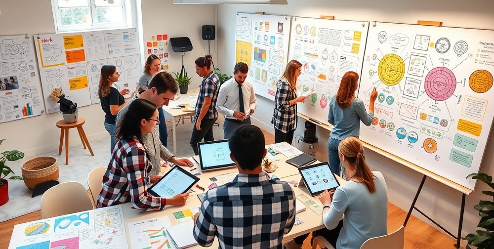 A collaborative workspace featuring designers and marketers sketching, discussing, and developing colorful feedback-infographics on digital tablets and whiteboards. Idea diagrams and emotive icons are visible.