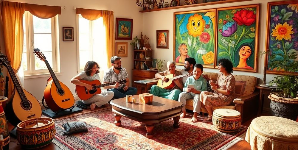 A cozy, well-lit Persian living room filled with colorful musical instruments (tar, setar, daf) and vibrant paintings on the wall. Around a low table, a family laughs while sharing stories, highlighting how art and music foster joy and connection.