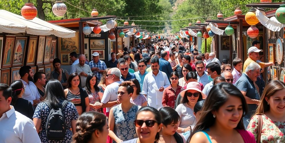 A bustling open-air Persian art festival with vivid booths displaying paintings, pottery, and handmade instruments. People of all ages, smiling and interacting, share the joy and cultural pride that art brings to everyday life.