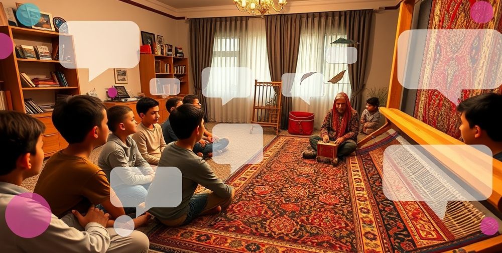 An engaging online workshop with young Iranian students virtually learning carpet weaving from an elderly craftswoman, surrounded by colorful digital art interface elements and chat bubbles.