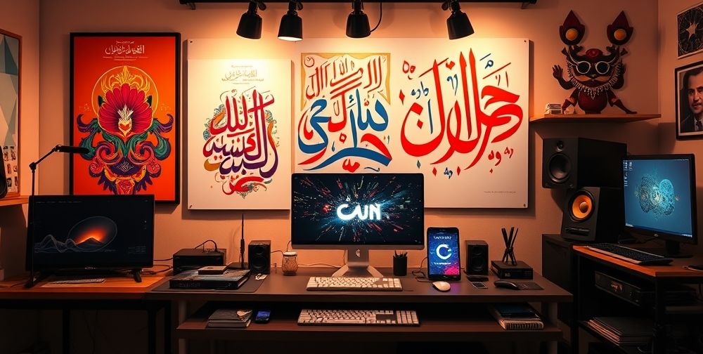 A vibrant collage of recent global graphic design trends, including flat design posters, colorful Persian calligraphy, and a dynamic motion graphic scene with Farsi text elements, set on an Iranian designer’s digital workspace.