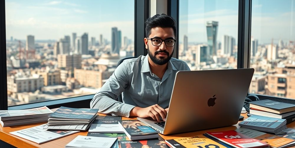 An Iranian freelance designer presenting a digital portfolio on a laptop, surrounded by marketing brochures, business cards, and popular local branding samples, with modern Tehran skyline visible through window.