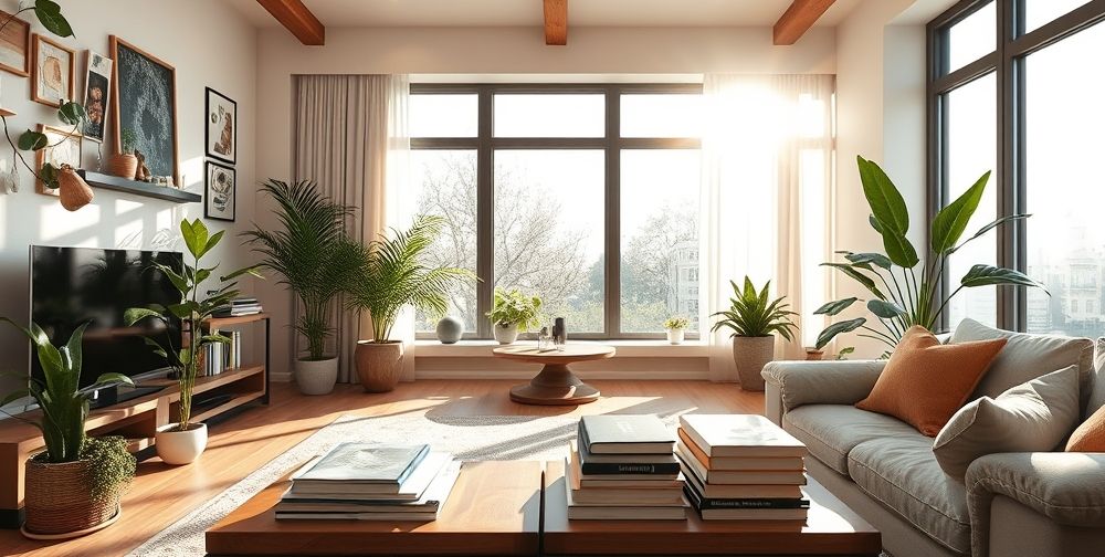 An inviting living room in modern Iranian style, sunlight spilling through large windows, books on self-improvement on a wooden table, and green plants showing vibrancy.